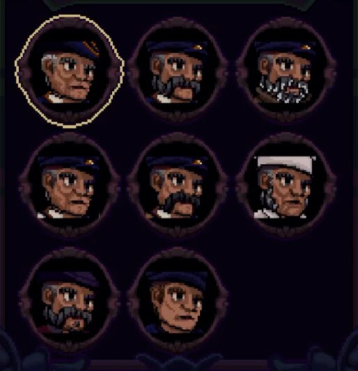 A screenshot from the videogame Where The Light Dies, showing the eight playable characters. They all look like the same guy with various styles of mustache, beard, or muttonchops.