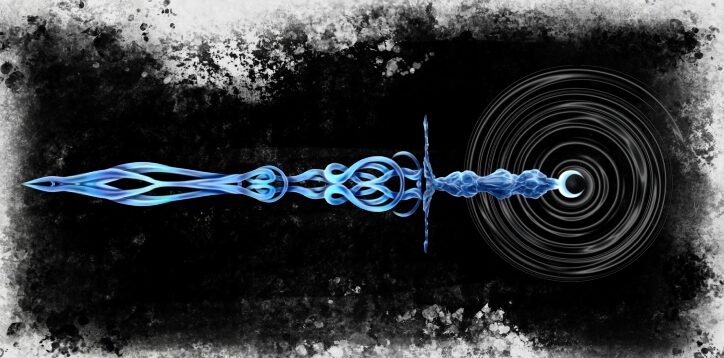 An illustration of a beautiful blue sword with an intricate blade and a crescent pommel. The sword is set against a black background. One of the swords that appears in The Arcane Armory 1: Blades by Runic Press.