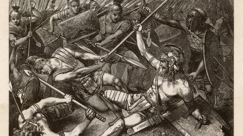 A woodcut drawing of Spartacus and his compatriots surrounded by Roman soldiers. Spartacus has fallen, but is still fighting. Spartacus' fall is a great literary example of the kinds of heroic deaths that can be given to player characters in Dungeons and Dragons.