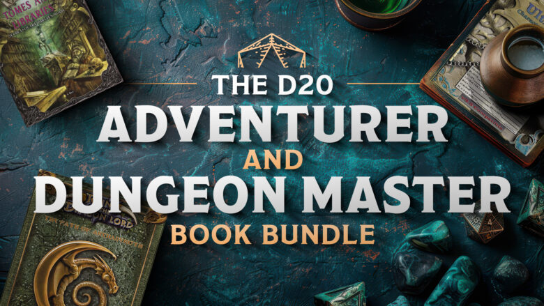 An image showing dice and books on a table. The text reads "The d20 Adventurer and Dungeon Master book Bundle," advertising a bundle of 30 books by Mongoose Publishing. This d20 system book bundle is offered through Fanatical.com.