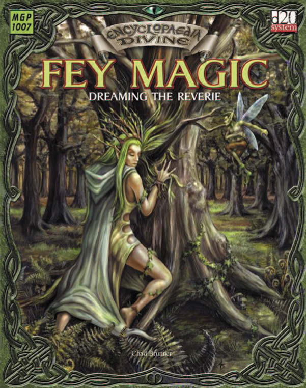 A book cover for Enyclopaedia Arcane: Fey Magic from Mongoose Publishing, showing an elven druid communing with a tree, with a fairy nearby. This book is included in a d20 system book bundle through Fanatical.