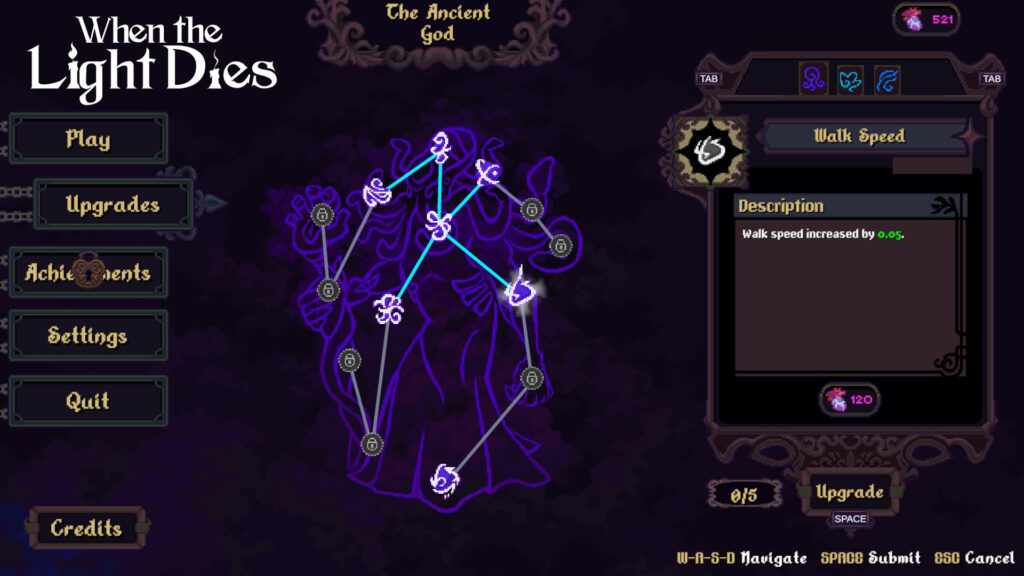 A screenshot from the videogame Where The Light Dies, showing a constellation menu that allows the player to purchase upgrades between levels.