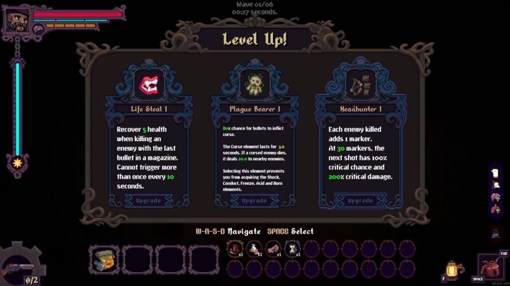 A screenshot from the videogame When The Light Dies, showing a selection of three abilities for the character to pick from.