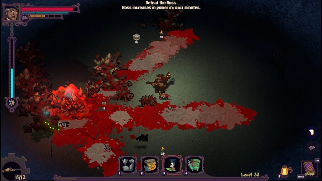 A screenshot from the videogame When The Light Dies, showing the player character, holding a gun and a lantern, fighting a large bloody boss.