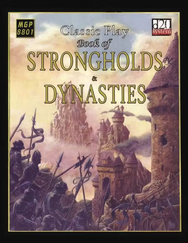 Cover art for Strongholds and Dynasties by Mongoose Publishing, showing knights assaulting a castle. This book is included in a d20 system book bundle through Fanatical.