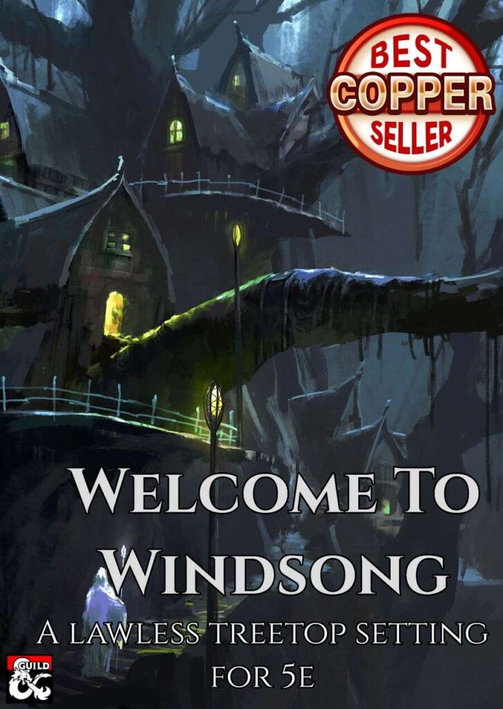 A book cover for Welcome to Windsong. The cover art shows several treehouses with lighted windows and lanterns set in a dark forest. Welcome to Windsong is a setting by Romani TTRPG designer Penny Blake.