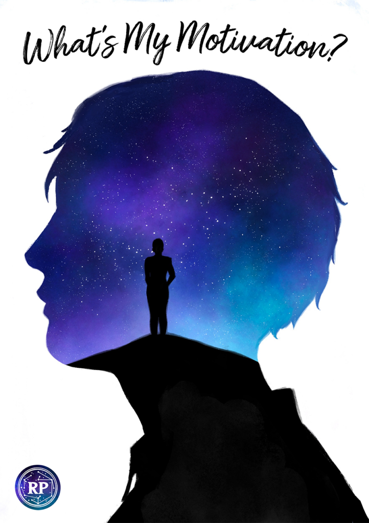 Cover art for a What's My Motivation by Runic Press, a great resource for creating better adventurers for Dungeons and Dragons. The cover shows a silhouette of a person looking to the left. Within the silhouette, a figure stands on a mountaintop against a starry sky.