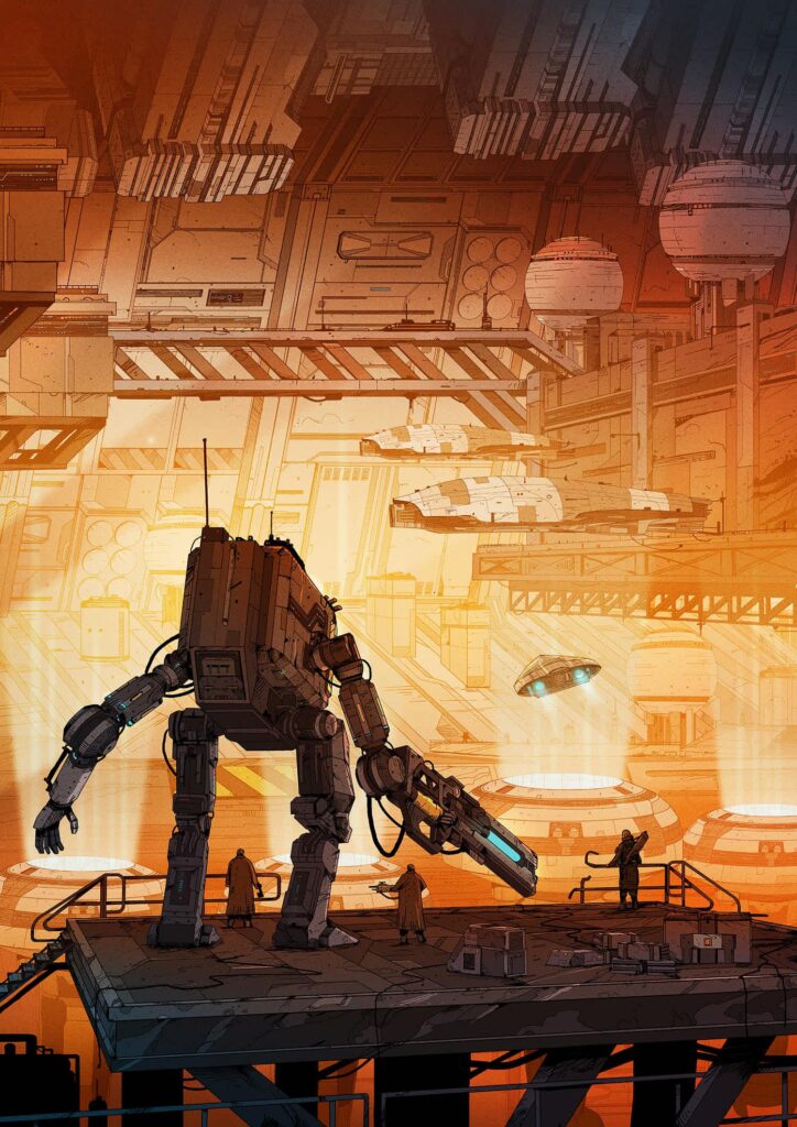 An illustration of a mech standing on a metal platform beside several armed humans. In the background, a brightly lit scene shows several spaceships docked.