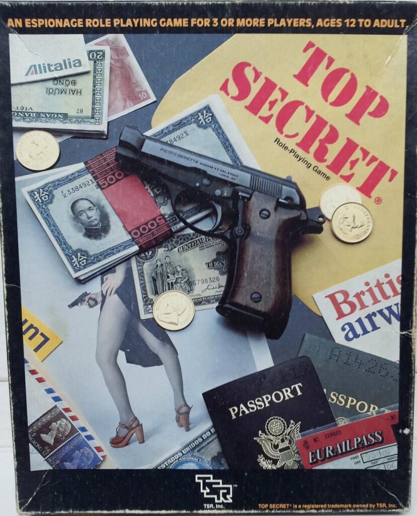 A photo of the box set for TSR's espionage tabletop roleplaying game Top Secret. The cover shows a pistol, foreign currency, and various passports. Text at the top reads "An espionage role playing game for 3 or more players, ages 12 to adult." A logo reads "Top Secret Role-playing game." After the murder of Missy Macon, her killers claimed the game inspired them to commit the crime.