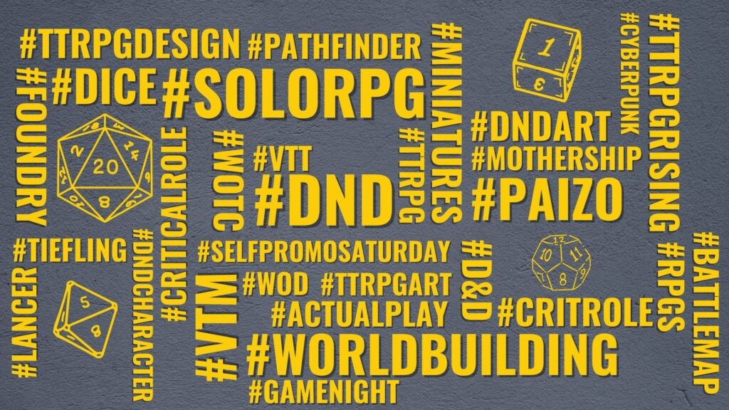 A tag cloud of yellow text on a grey background. All of the tags are TTRPG terms. Polyhedral gaming dice are scattered throughout the cloud.