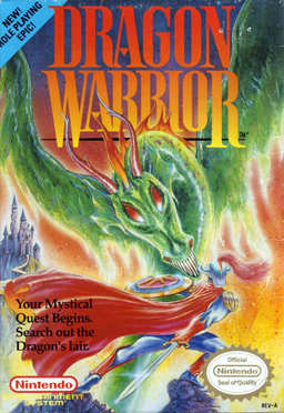 Box art for Dragon Warrior for the NES, showing a knight in blue armor with a red cloak fighting a large green dragon.