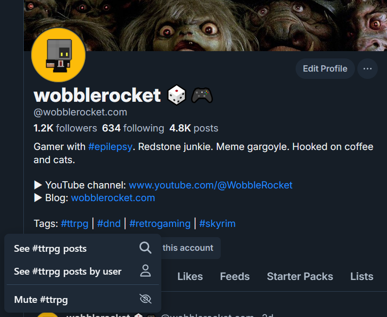 A screenshot from Bluesky showing Wobblerocket's profile. A drop-down option is open from the #ttrpg hashtag on Wobblerocket's profile, showing the "See #ttrpg posts by user" option.