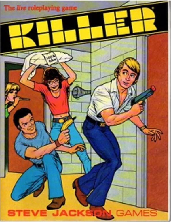 Cover art for "Killer" 2nd edition by Steve Jackson Games. College students are seen sneaking in a hallway. One has a suction cup dart pistol, a blond man is holding a suction cup dart pistol, while a dark haired man behind him kneels with a banana held as a pistol. Behind that man is a woman with dark hair and glasses holding a pillow over her head about to strike, and behind her a blond girl using a straw as a blowpipe."