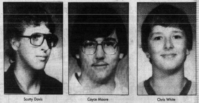 A black and white newspaper clipping showing yearbook photos of three male teenagers. The first, Scotty Davis, is a young man with glasses and dark hair, facing slightly right, wearing a dark shirt. The second, Cayce Moore, has dark hair and glasses and a slight mustache, wearing a white shirt. The third, Chris White, is younger, with dark hair, smiling, wearing a t-shirt. The three teenagers were convicted of the murder of Missy Macon in 1985.