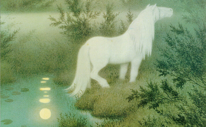 A painting of a luminescent white horse spirit stepping out of a green pool of water, accompanying an article on TTRPG worldbuilding.