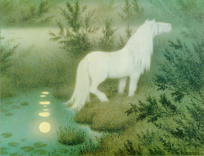 A painting of a luminescent white horse spirit stepping out of a green pool of water, accompanying an article on TTRPG worldbuilding.