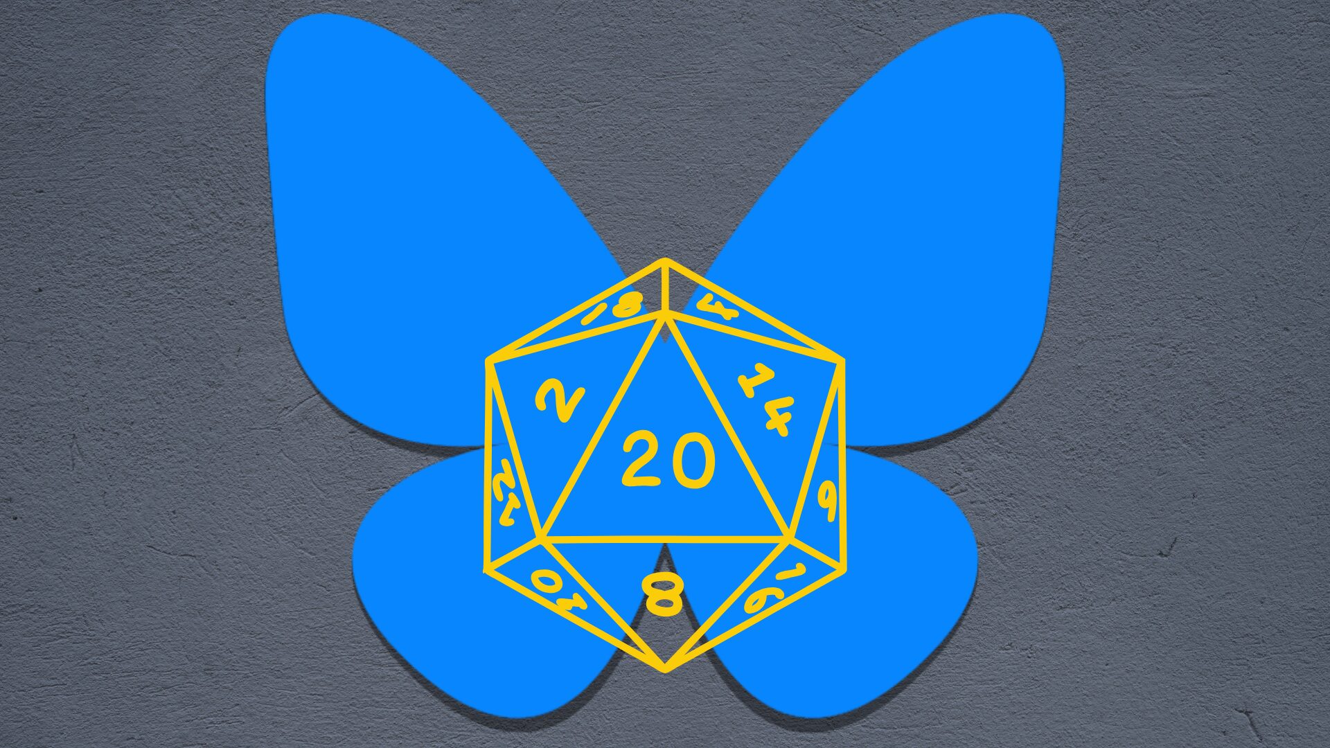 A graphic for an article about ttrpg bluesky, showing the Bluesky butterfly on a grey background. Superimposed over the butterfly is a 20-sided die.