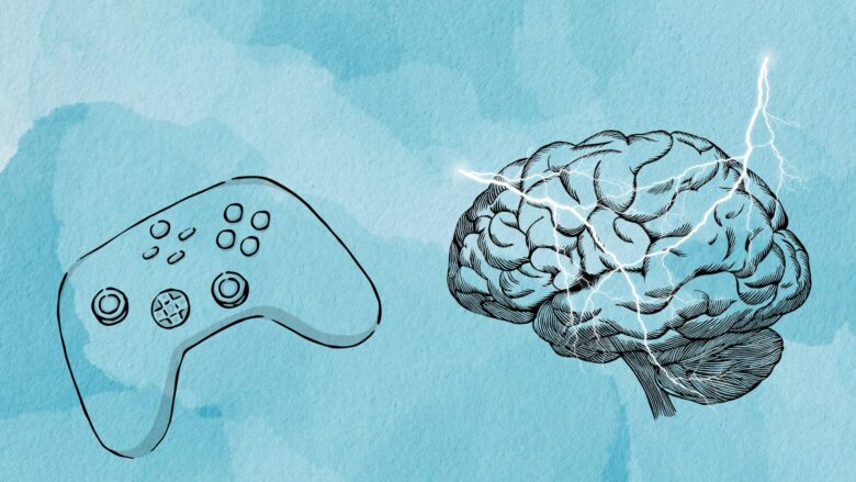 A graphic showing illustrations of a brain and a videogame controller set on a blue pastel background. The brain has lightning bolts across it.