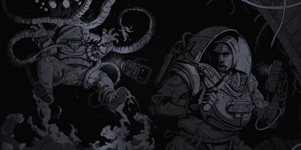 A monochrome graphic of two astronauts from the Mothership RPG. One is holding a pistol, while the astronaut in the rear is being grasped by huge tentacles.