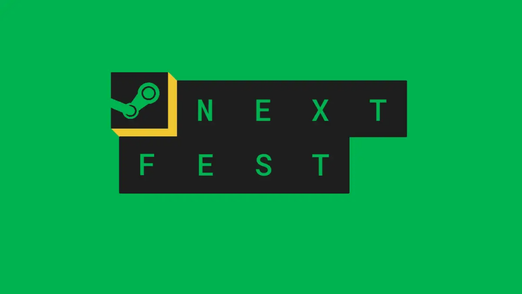 A logo for Steam Nextfest, a regular event where Steam promotes demos of upcoming games. The logo sits on a green background. Steam Nextfest is a great way to find safe videogames for people with epilepsy.