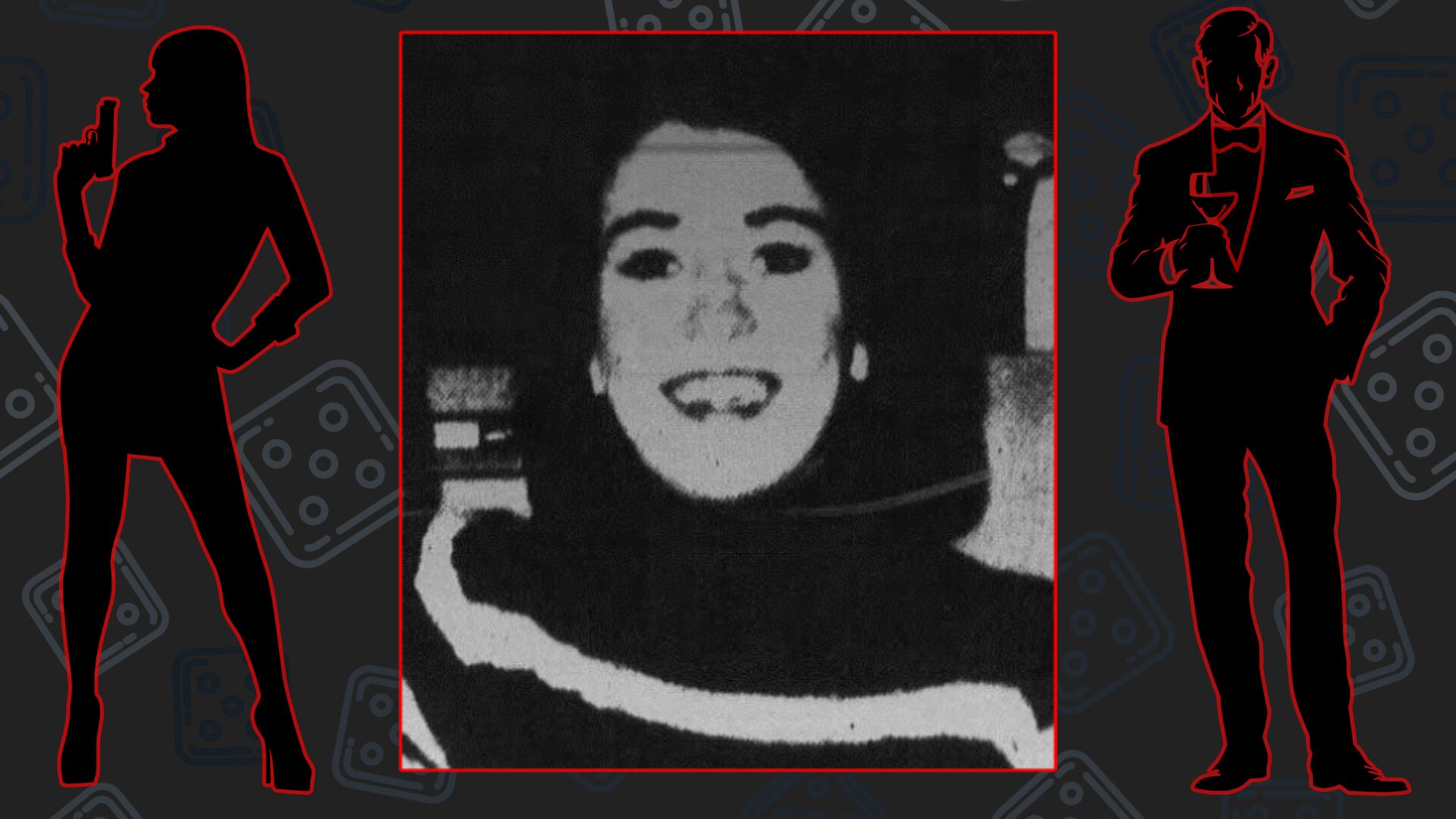 A black and white photograph of a smiling young woman is framed in the middle of the image. On either side are 1970s-style spy thriller figures reminiscent of James Bond and a femme fatale. The figures are set on a background showing dice. The image accompanies an article about the murder of Missy Macon.