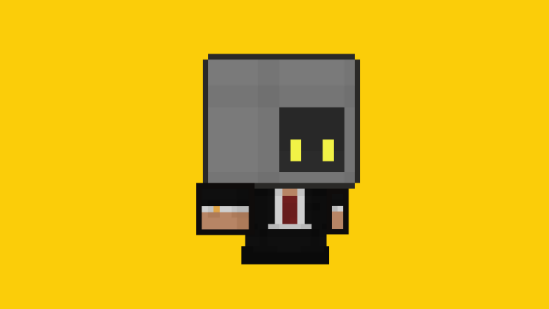 A graphic of a small robot wearing a suit on a yellow background.