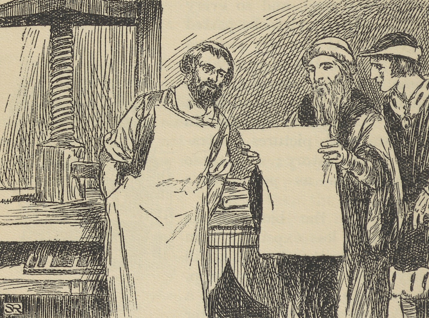 An illustration of three men standing in front of a printing press, accompanying an article about