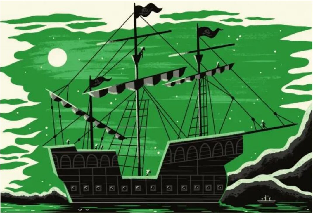 A silhouette of a pirate ship in front of a green night sky. Artwork from Andrew Kolb's Neverland setting.