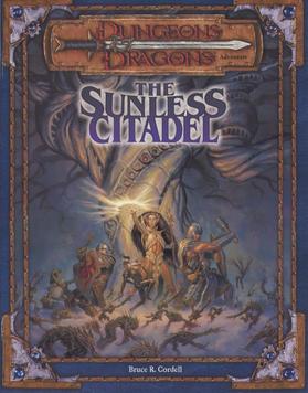 Cover art for The Sunless Citadel for Dungeons and Dragons 3rd edition. On the cover, a party of adventurers fight a group of twig blights in front of a twisted tree in an underground cavern.