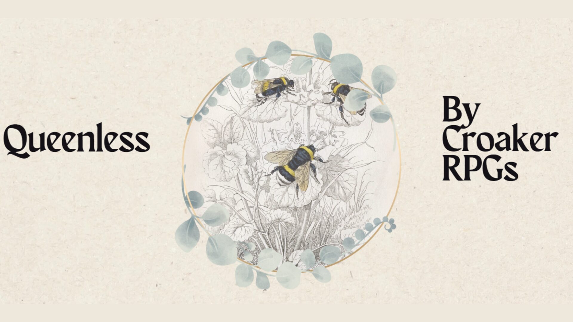 A logo for the Queenless solo RPG by Croaker RPGs, showing three bees on a flower.