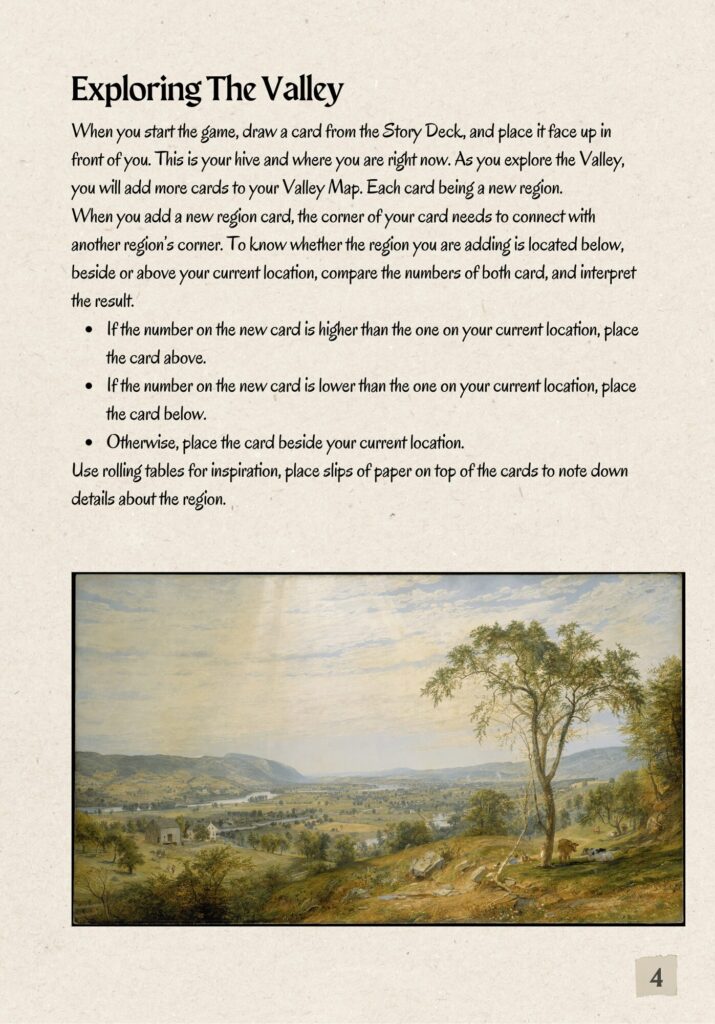 A page from Queenless talking about rules regarding "Exploring The Valley". It features a cosy serif header, handwritten-style body text and an 1800s landscape painting at the bottom with a thin black border. The painting shows a green and yellow valley, the main subject is a thin tree with cows grazing beneath it.