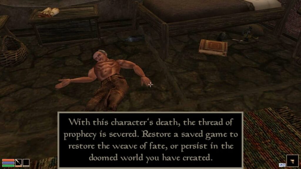 A screenshot from Morrowind, showing an NPC's corpse lying on a stone floor beside a bed. A caption reads "With this character's death, the thread of prophecy is severed. Restore a saved game to restore the weave of fate, or persist in the doomed world you have created."