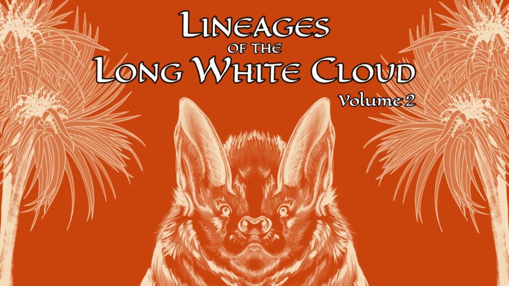 Cover art for Lineages of the Long White Cloud, Volume 2 by Kelly Whyte, showing line art of a bat on an orange background.