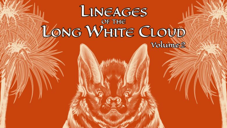 Line art of a bat on an orange background next to a pair of palm trees. Cover art for Lineages of the Long White Cloud, Volume 2.