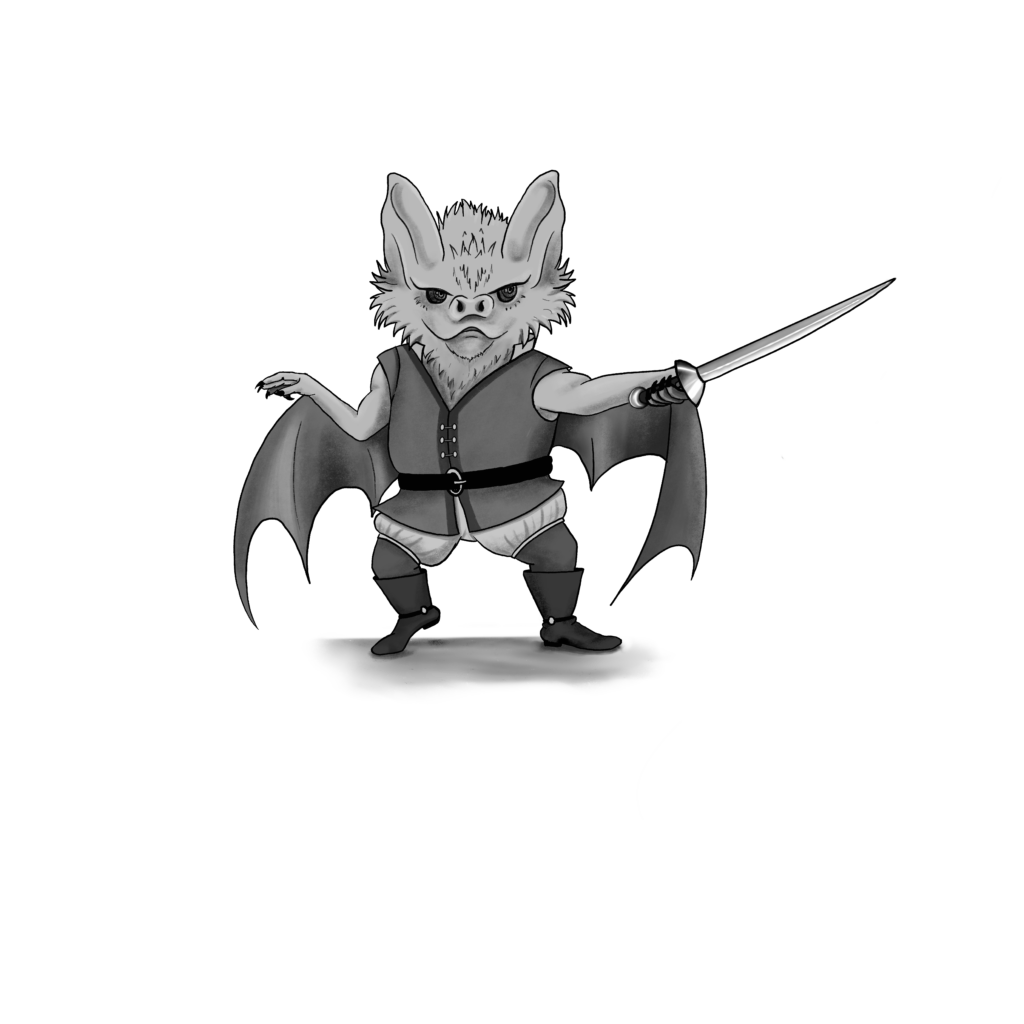 An illustration of an anthropomorphic pekapeka bat, from Lineages of the Long White Cloud, Volume 2 by Kelly Whyte.