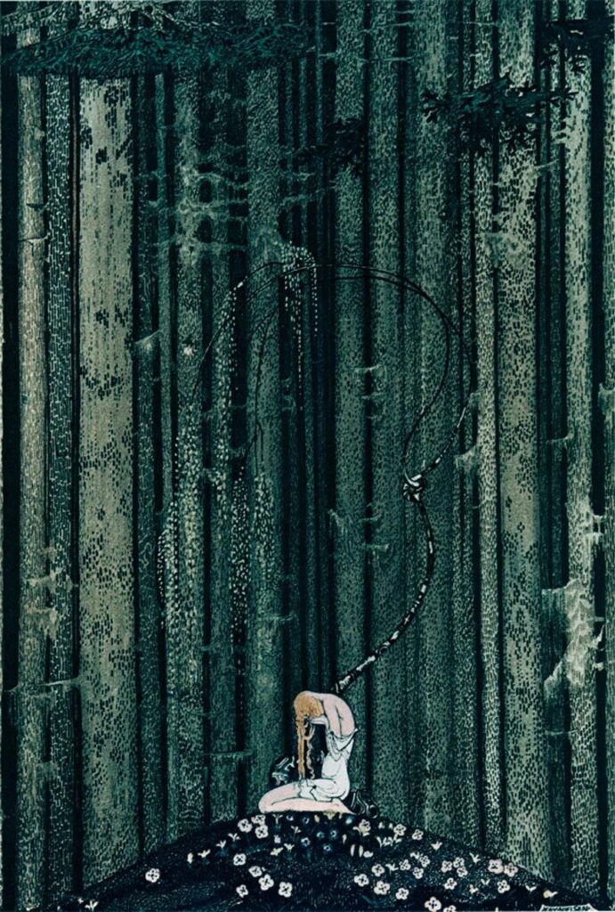 A woman in a white dress with blonde hair kneels on a dark hill, head in hands while surrounded by tall pale trees on a dark green night. A black tendril reaches out of the woman, clawing for the sky. A modified version of this image is used in You're Elf by Rat Bastard Games.